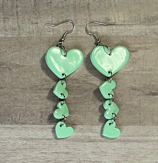 Mint Green Hearts Dangle Earrings, Valentine's and Galentine’s Day, Polymer Clay Earrings, Hypoallergenic, Lightweight, Great Friend Gift