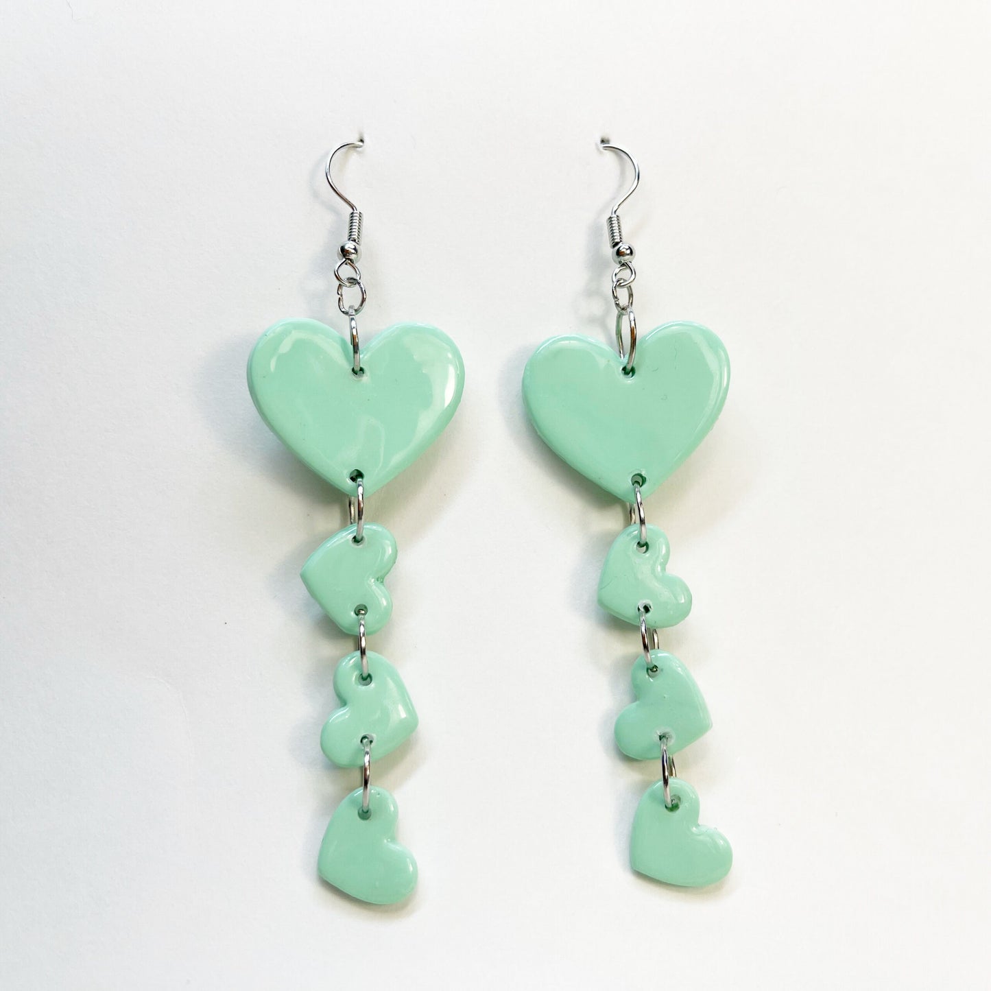 Mint Green Hearts Dangle Earrings, Valentine's and Galentine’s Day, Polymer Clay Earrings, Hypoallergenic, Lightweight, Great Friend Gift