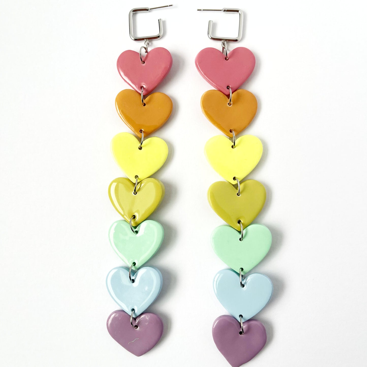 Soft Rainbow Hearts Dangle Earrings, Valentine's and Galentine’s Day, Polymer Clay Earrings, Hypoallergenic, Lightweight, Great Friend Gift