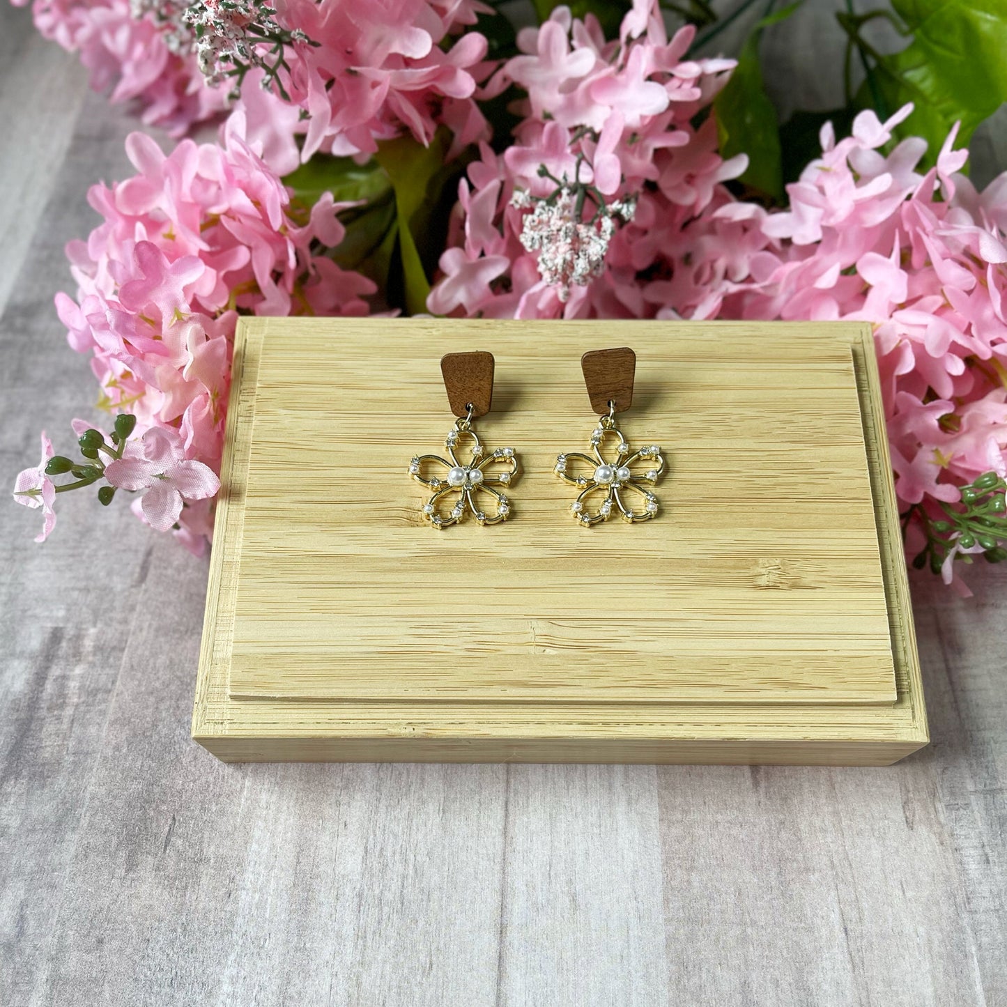 Wood and Flowers Dangle Earrings