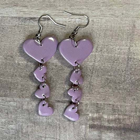 Lavender Hearts Dangle Earrings, Valentine's and Galentine’s Day, Polymer Clay Earrings, Hypoallergenic, Lightweight, Great Gift For Friends