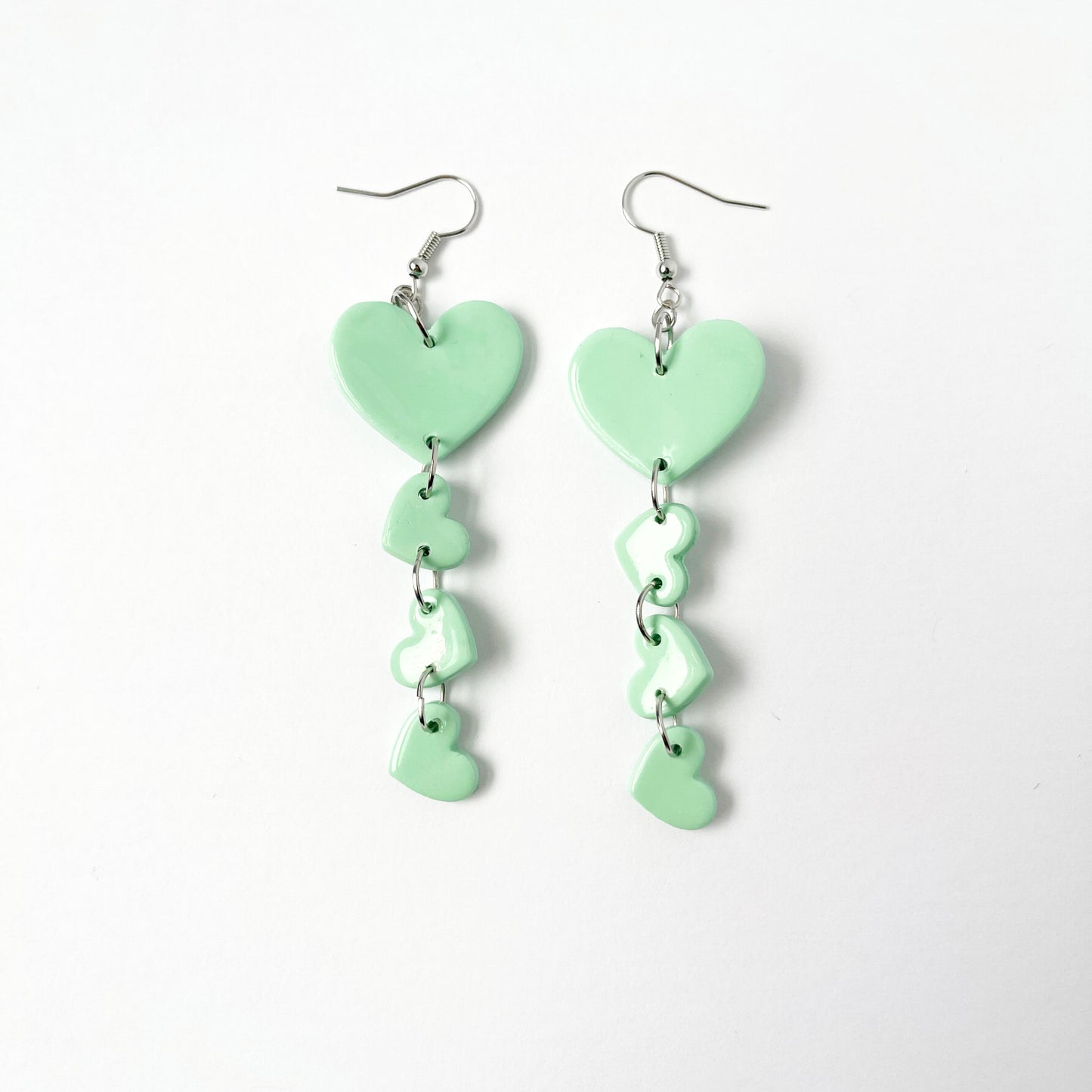 Mint Green Hearts Dangle Earrings, Valentine's and Galentine’s Day, Polymer Clay Earrings, Hypoallergenic, Lightweight, Great Friend Gift