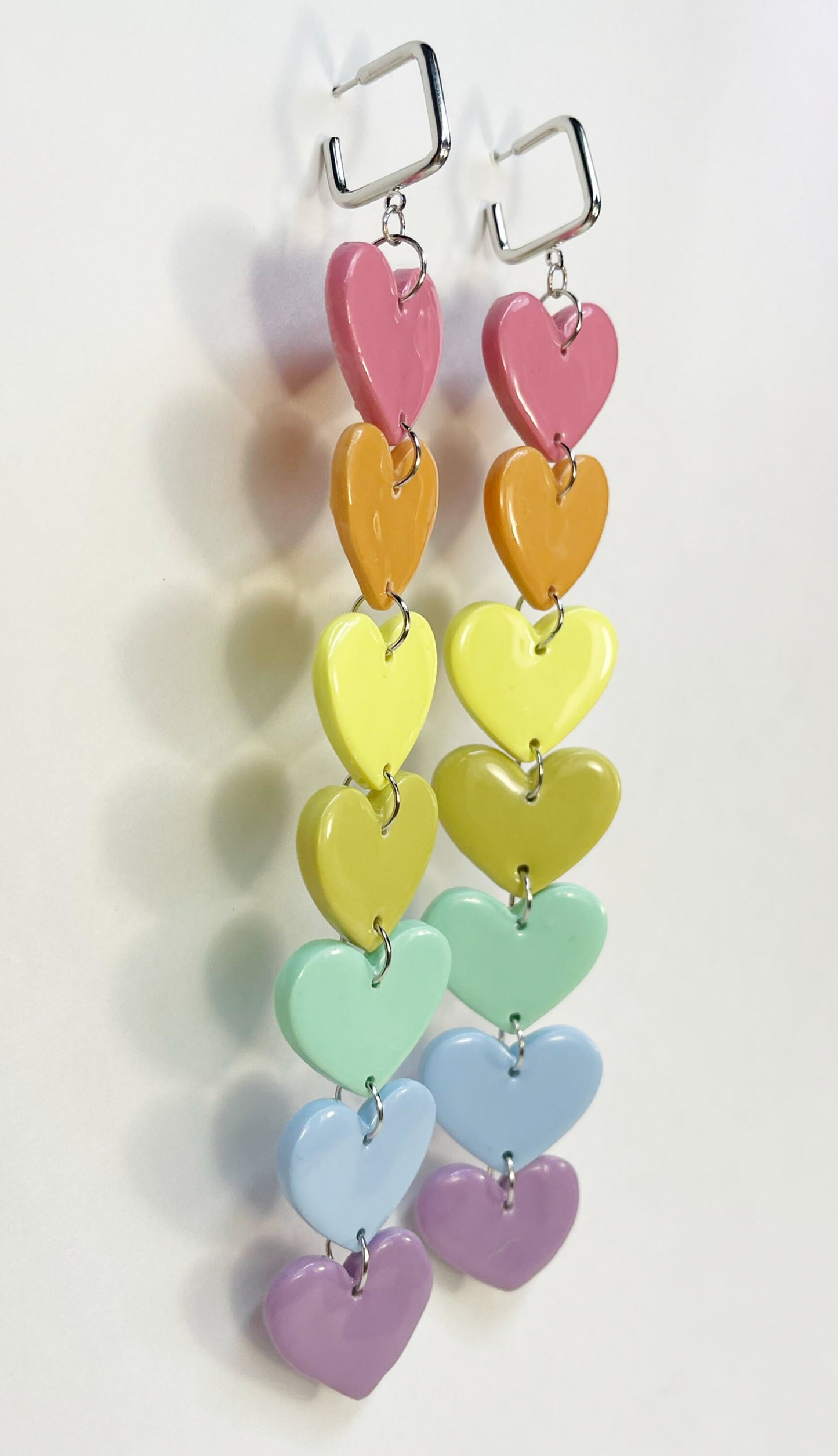 Soft Rainbow Hearts Dangle Earrings, Valentine's and Galentine’s Day, Polymer Clay Earrings, Hypoallergenic, Lightweight, Great Friend Gift