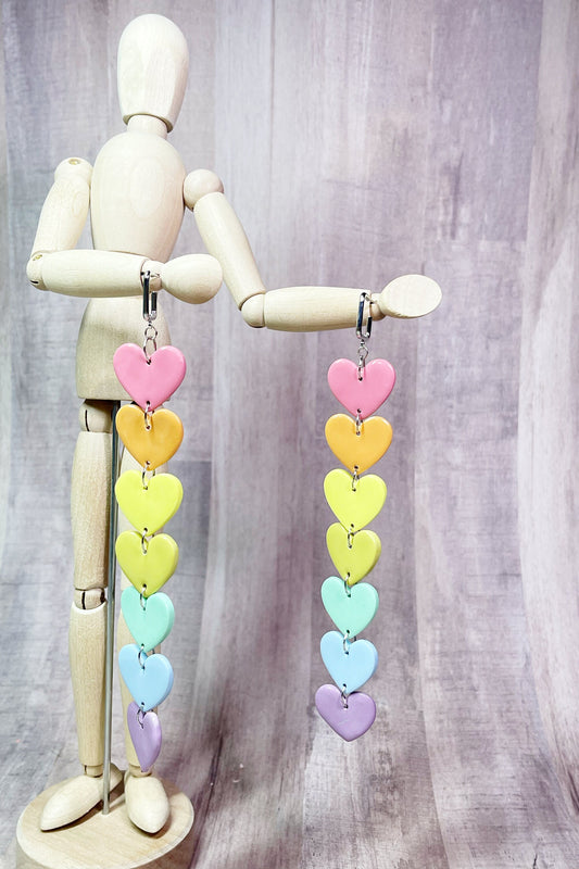 Soft Rainbow Hearts Dangle Earrings, Valentine's and Galentine’s Day, Polymer Clay Earrings, Hypoallergenic, Lightweight, Great Friend Gift