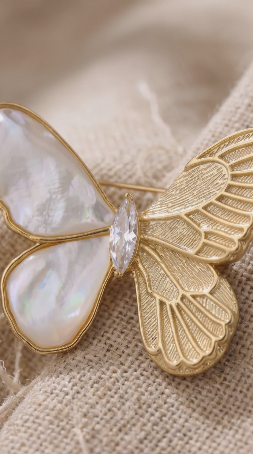 Ethereal Butterfly Brooch – Mother of Pearl & Zirconia Gold Pin