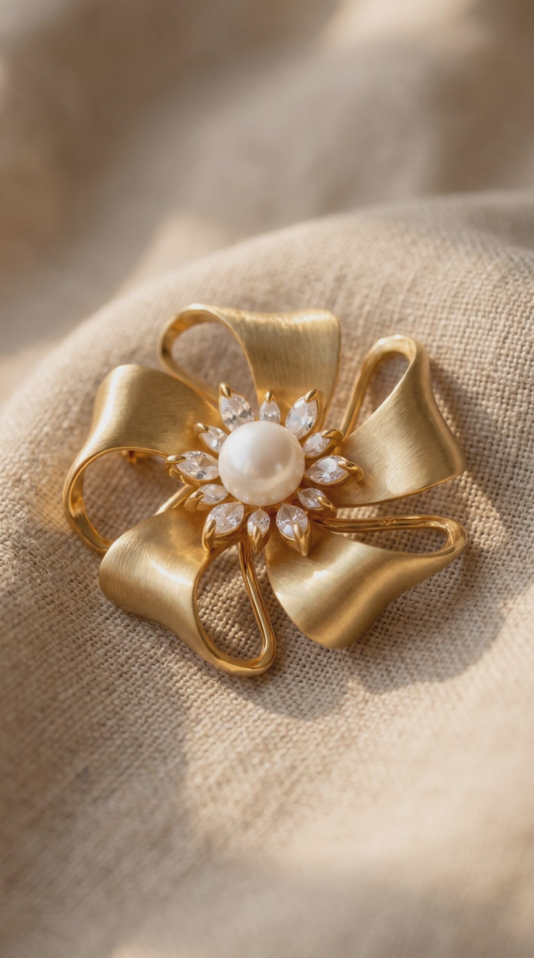 Golden Bow Blossom Brooch – Gold-Plated Ribbon & Floral Zirconia Pin