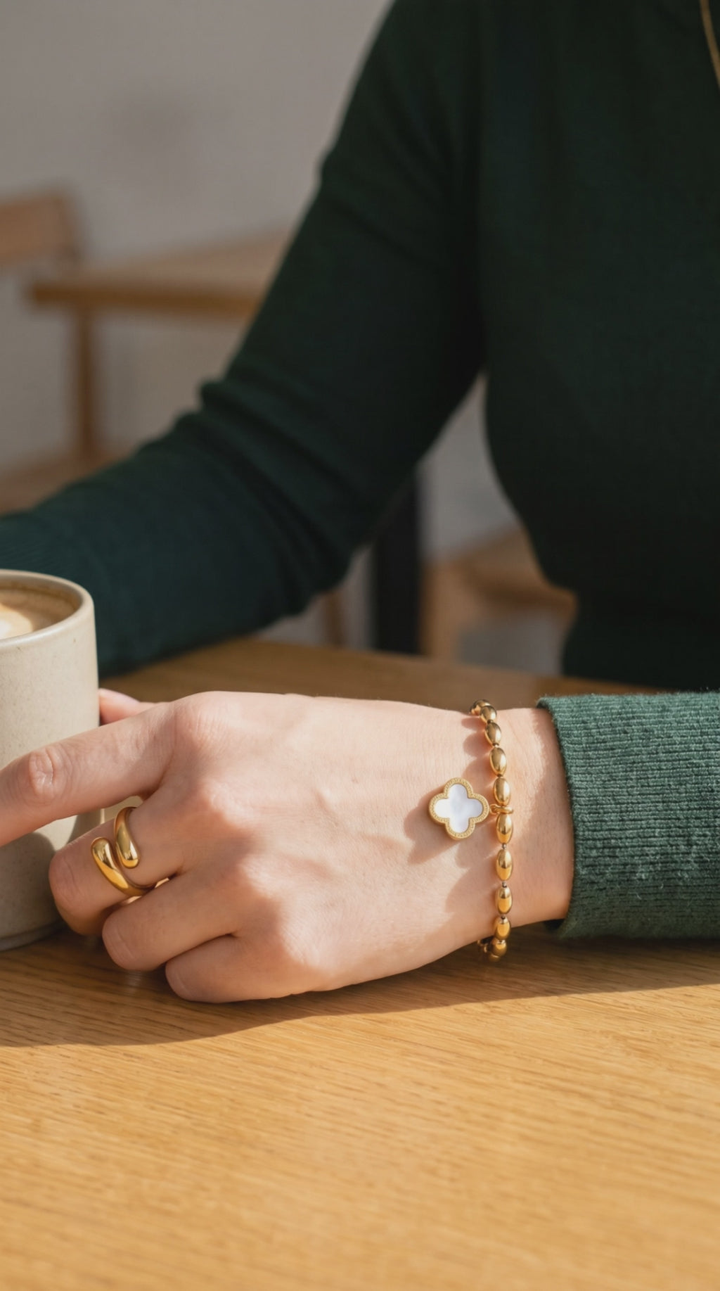 Lucky Clover Reversible Beaded Bracelet | Waterproof Gold Plated Stainless Steel & Mother of Pearl