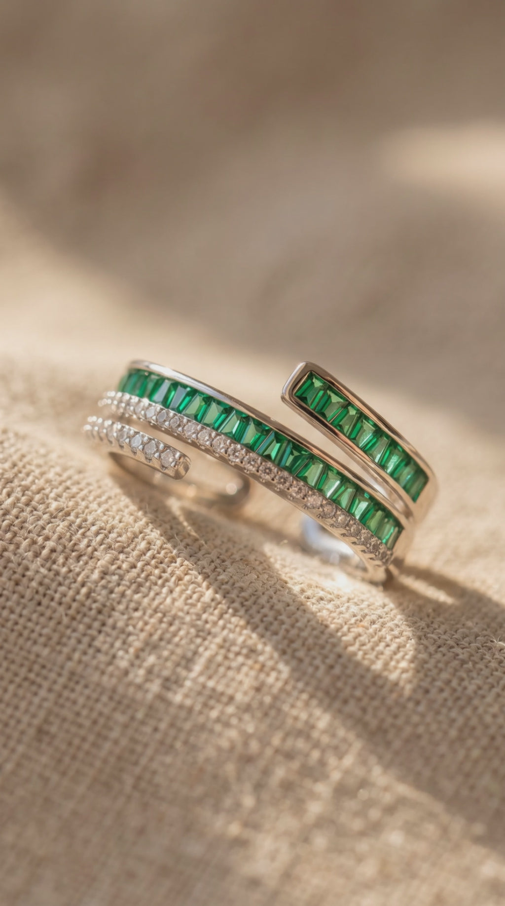 Emerald Layers Ring | Gold Plated Recycled Brass with Green Cubic Zirconia Accent