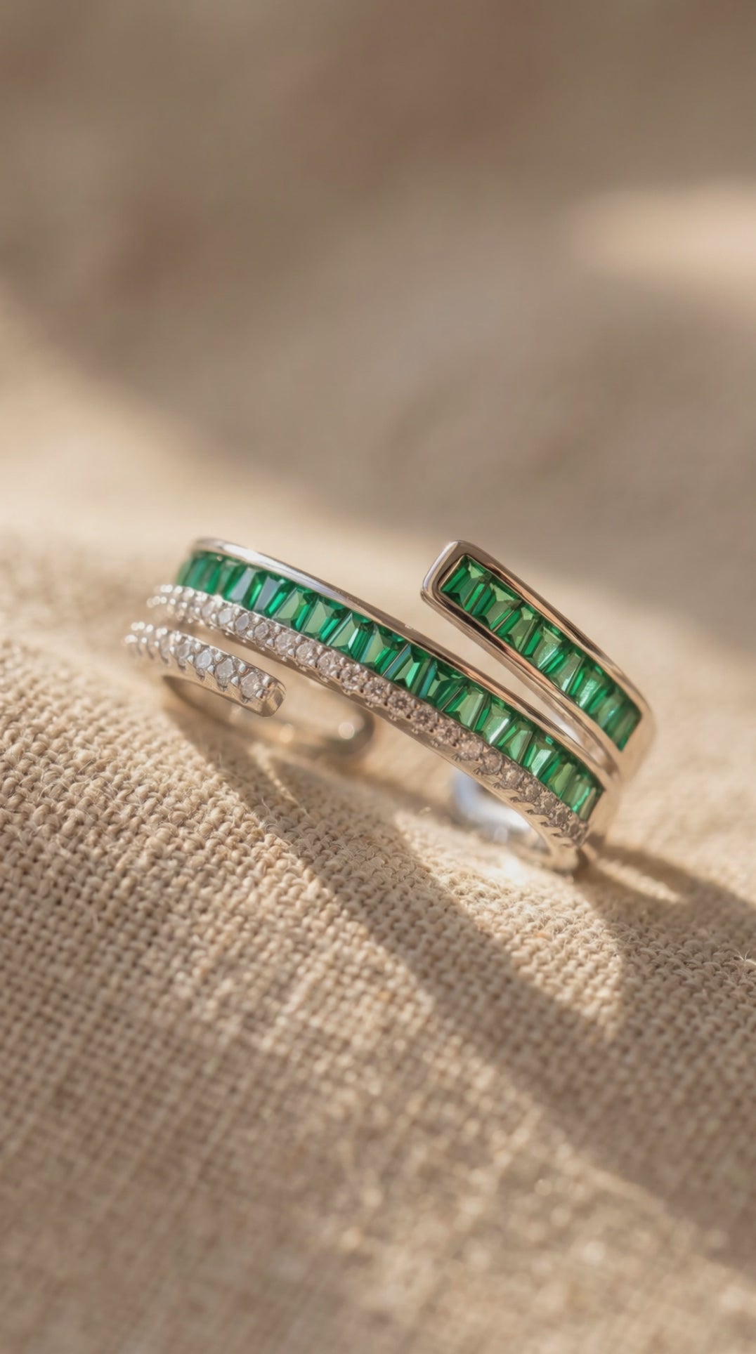 Emerald Layers Ring | Gold Plated Recycled Brass with Green Cubic Zirconia Accent