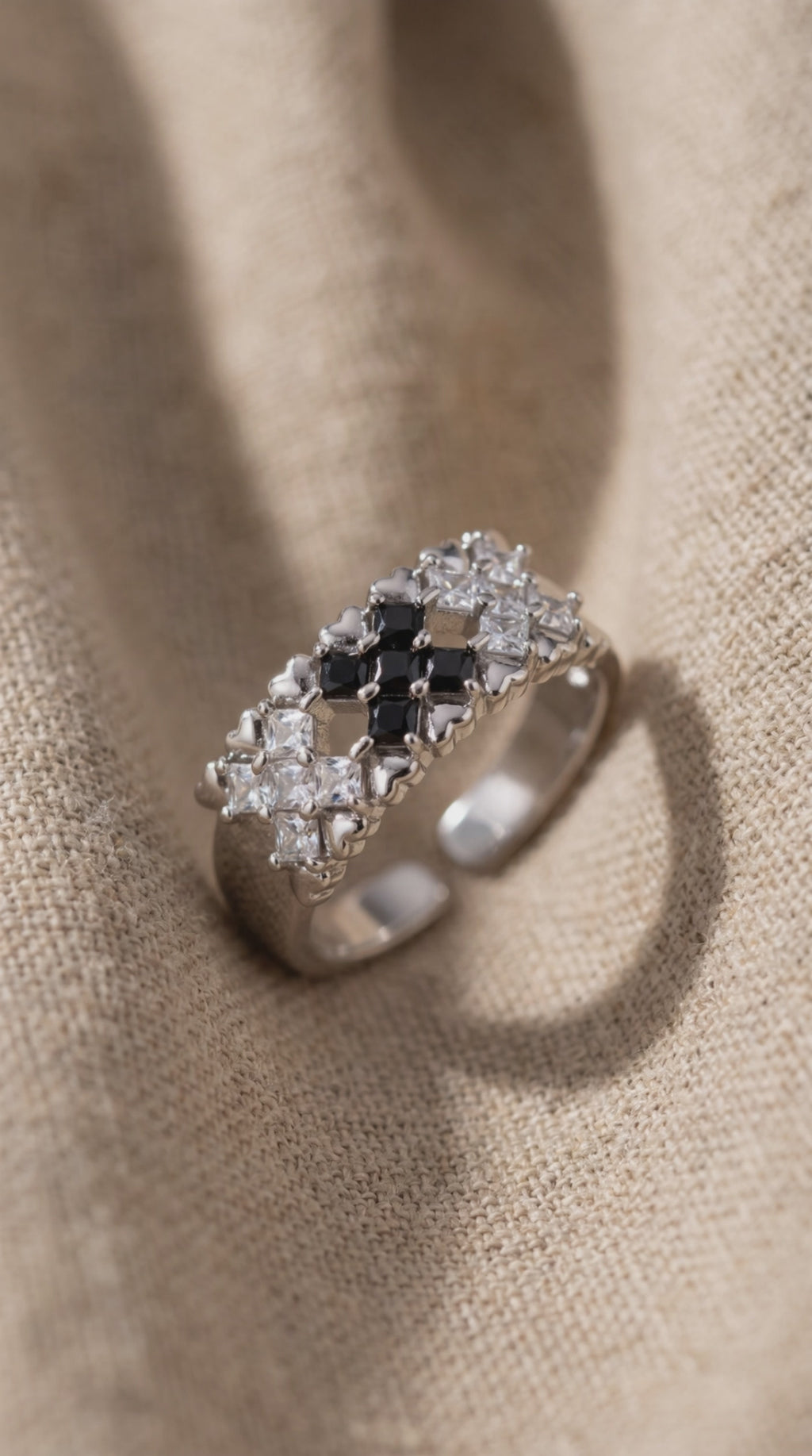 Checkmate Statement Ring | White Gold Plated Recycled Brass with Cubic Zirconia Accent