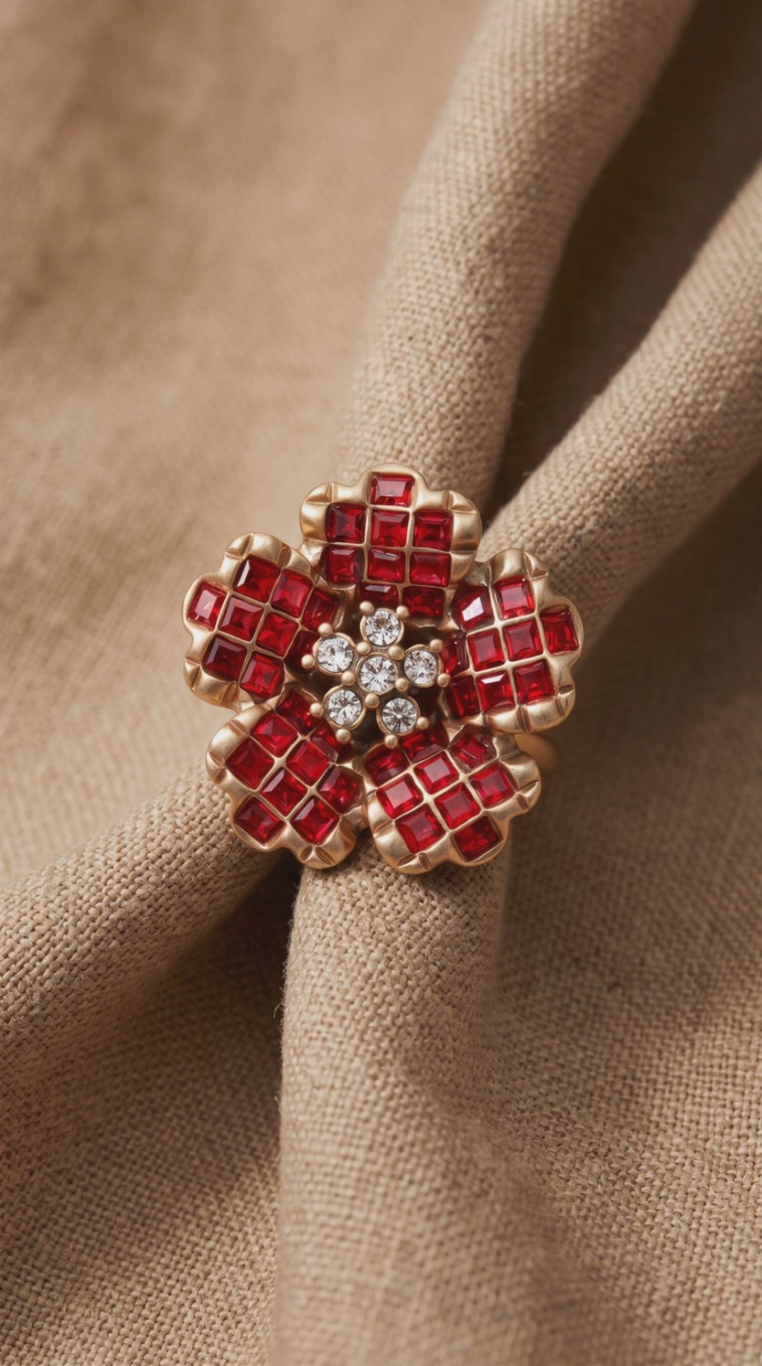 Crimson Bloom Ring | Gold Plated Recycled Brass with Red Cubic Zirconia