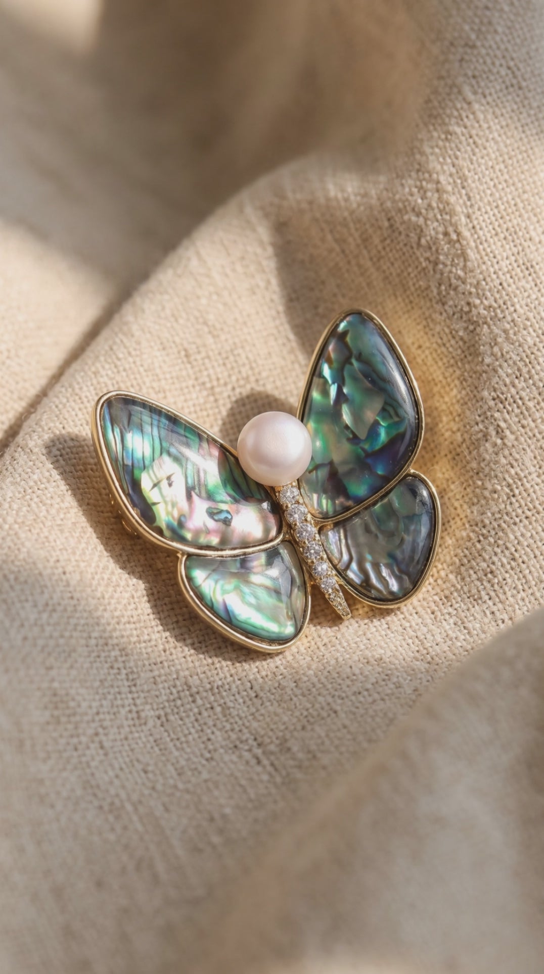 Rainbow Butterfly Brooch – 14K Gold-Plated Recycled Brass & Pearl Pin