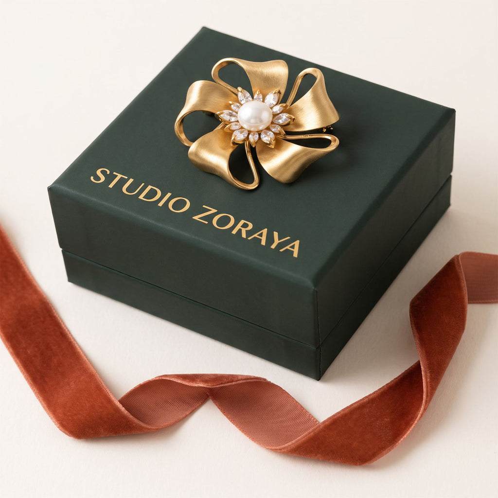 Golden Bow Blossom Brooch – Gold-Plated Ribbon & Floral Zirconia Pin