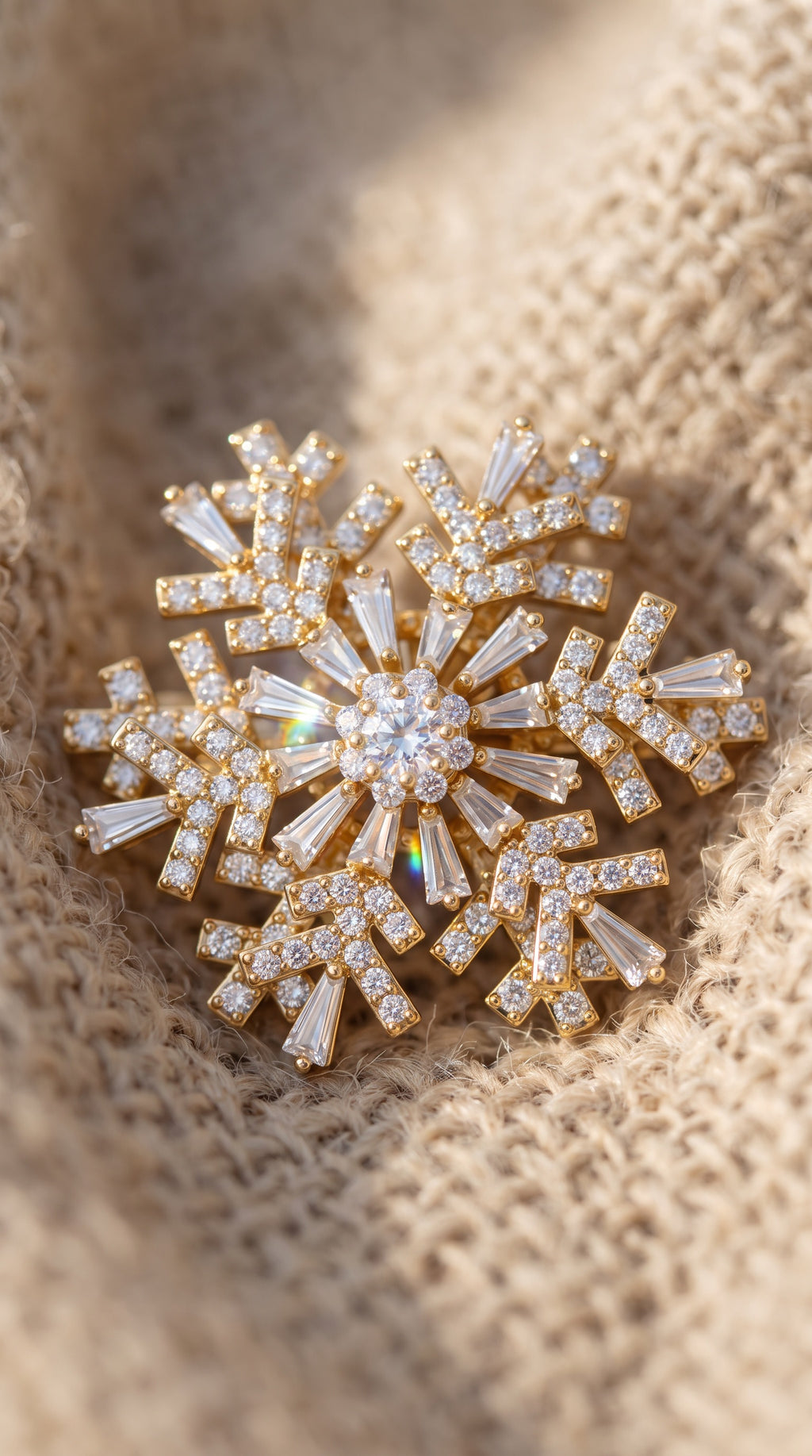 Winter Constellation Brooch – Gold-Plated Snowflake Pin with Zirconia