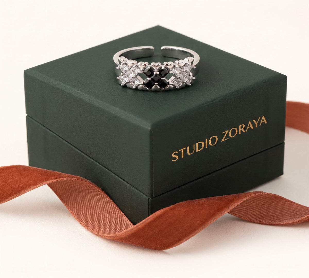 Checkmate Statement Ring | White Gold Plated Recycled Brass with Cubic Zirconia Accent