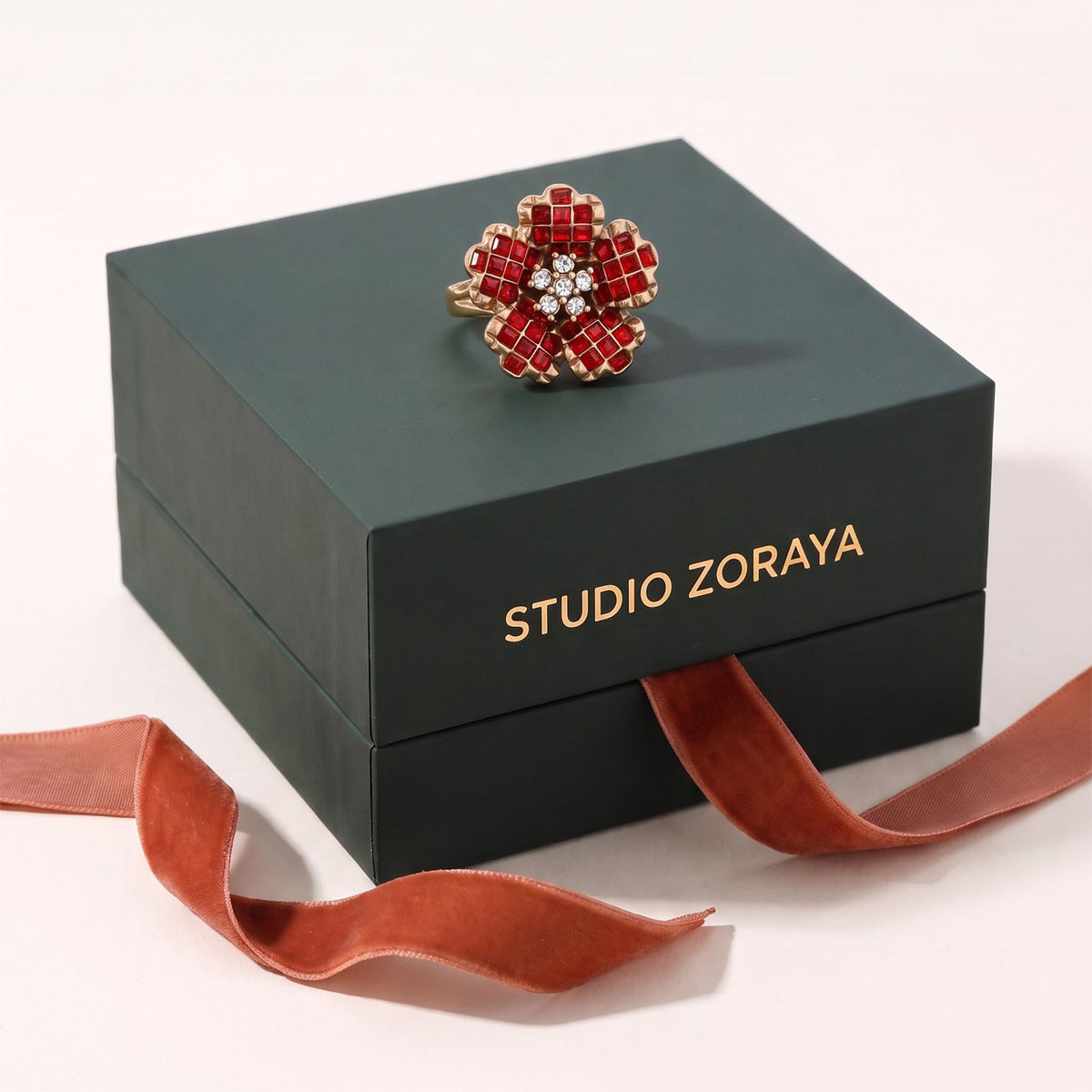 Crimson Bloom Ring | Gold Plated Recycled Brass with Red Cubic Zirconia