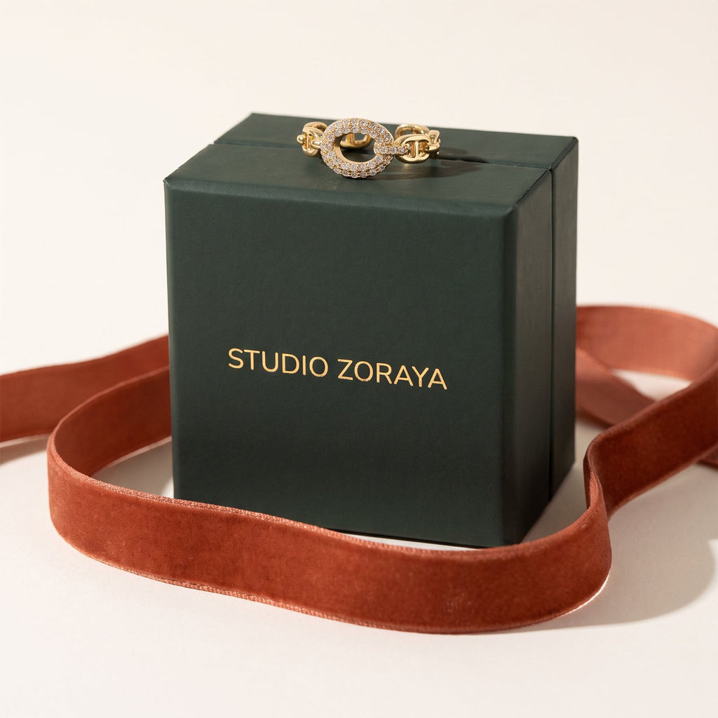 Golden Chain Statement Ring | Gold Plated Brass with Cubic Zirconia